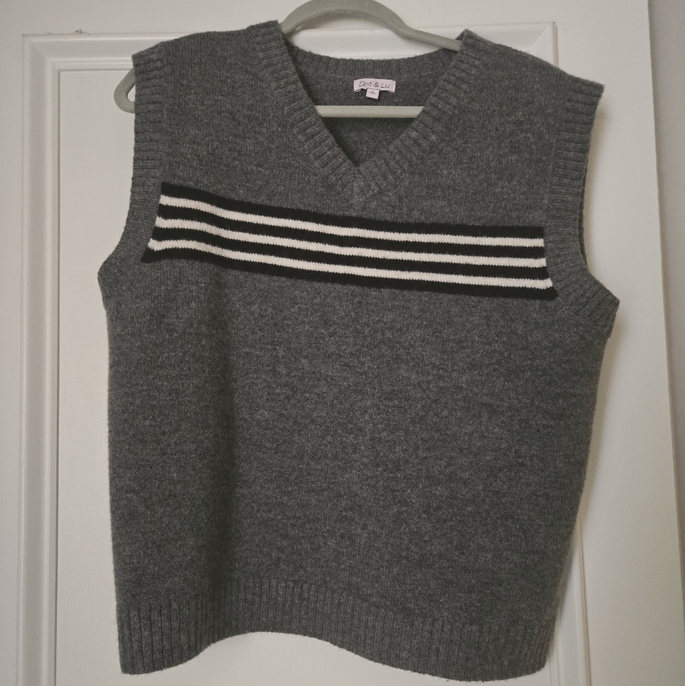 Elegant Gray V-Neck Sweater Vest with Stripes